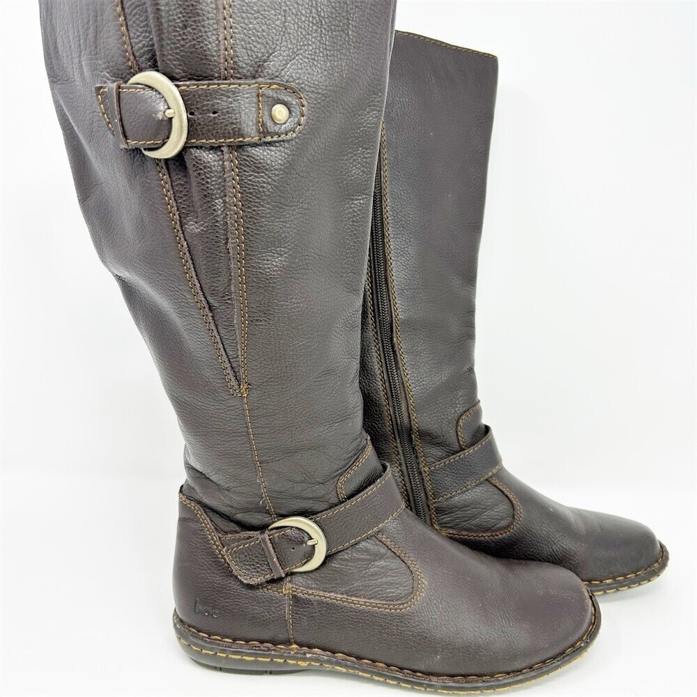 B.O.C. Brown Knee High Riding Boots Buckle Full Zip Round Toe Size 8 Wide Calf